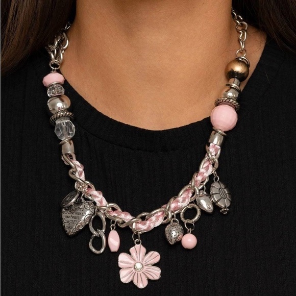 Paparazzi Charmed, I am Sure Luke 10:27￼ Heart Flower Pink Necklace Set - Picture 1 of 7